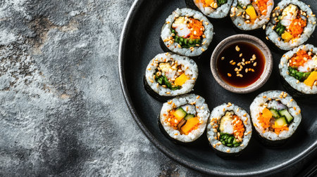 Flat lay of Korean gimbap rolls with pickled radish and soy sauce. Ample copy space.の素材