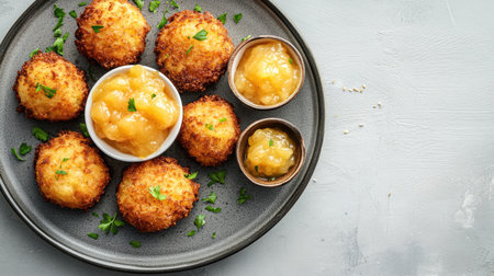 Top view of a plate of German kartoffelpuffer with applesauce, with room for text on a clean background.の素材