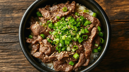 Top view of a Japanese donburi bowl with beef and green onions. Room for text.の素材