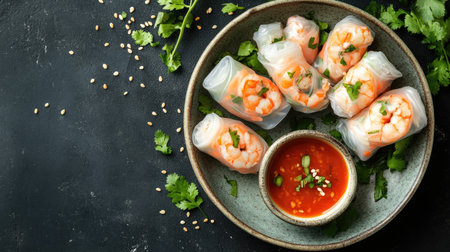 Top view of a bowl of Vietnamese rice paper rolls with dipping sauce. Copy space provided.の素材