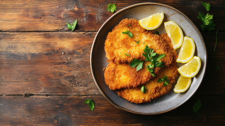Top view of a classic schnitzel with lemon wedges on a wooden table, with plenty of space for text.の素材