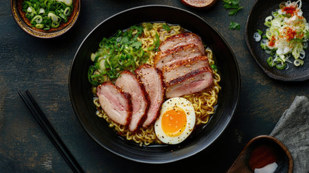 Flat lay of Japanese miso ramen with sliced pork and egg. Ample copy space.の素材