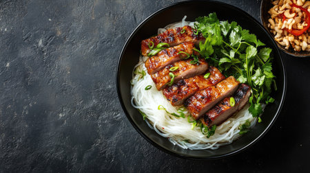Top view of a bowl of Vietnamese rice noodles with grilled pork and fresh herbs. Copy space available.の素材