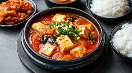 Top view of a bowl of Korean tofu stew with side dishes of kimchi and rice. Room for text.の素材