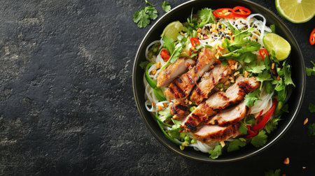 Top view of a bowl of Vietnamese rice noodles with grilled pork and fresh herbs. Copy space available.の素材