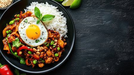 Flat lay of a Thai pad kra pao with rice and fried egg. Ample copy space.の素材