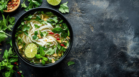 Top view of a bowl of Vietnamese pho ga with fresh herbs and lime. Copy space provided.の素材
