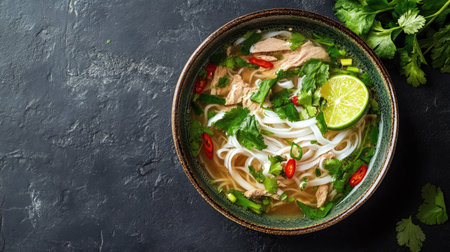 Top view of a bowl of Vietnamese pho ga with fresh herbs and lime. Copy space provided.の素材