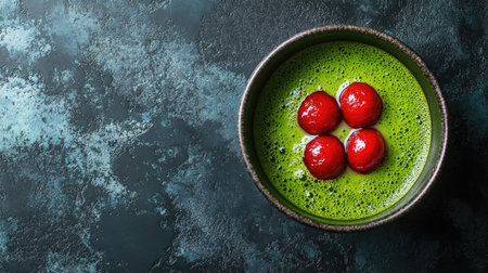 Top view of a Japanese matcha dessert with red bean paste. Room for text.の素材