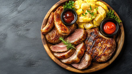 Top view of a hearty German meat platter with copy space around the dish for text.の素材