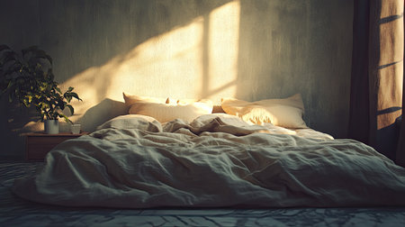 Bed with a soft duvet and pillows, plenty of space for text on the wall.の素材