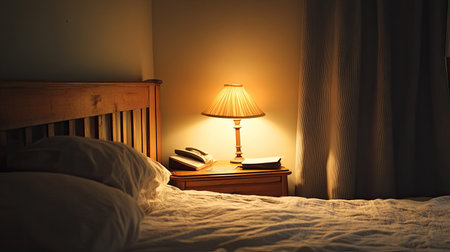 Bed with crisp linens and a bedside lamp, with copy space available on the wall.の素材