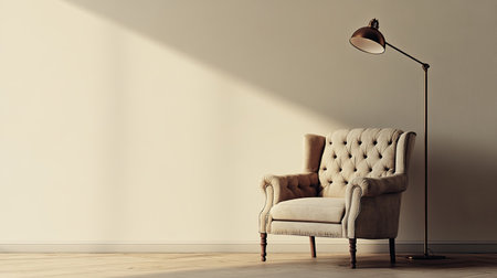 Comfortable armchair and a floor lamp, with plenty of space for text on a neutral background.の素材