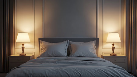Bed with soft linens and bedside lamps, with blank space for text on the wall.の素材