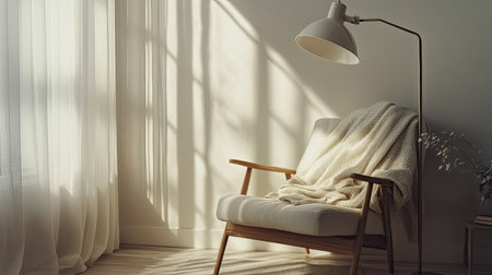 Chair and floor lamp in a cozy reading nook, with copy space available.の素材