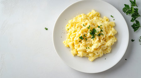 Top view of a serving of German on a white plate, with space for text on the side.の素材