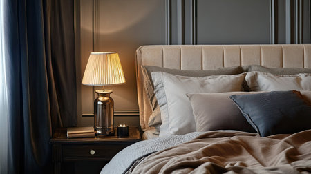 Bed with luxurious bedding and a bedside lamp, with blank space for text on the wall.の素材