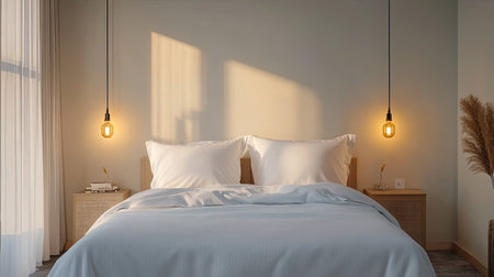 Bed with crisp white linens and bedside lamps, blank space for copy on the wall.の素材