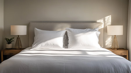 Bed with crisp white linens and bedside lamps, with plenty of space for text on the wall.の素材