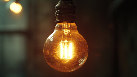 Close-up of an Edison light bulb with a glowing filament, with ample room for copy.の素材