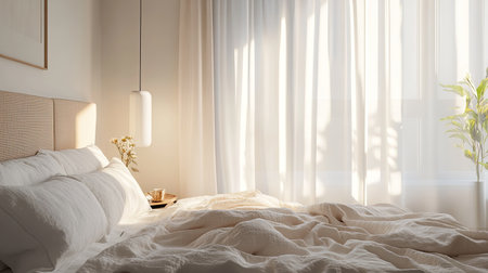 Bed with soft linens and bedside lamps, ample space for text on a neutral background.の素材