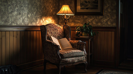 Cozy chair and a reading lamp in a quiet corner, with plenty of room for text.の素材