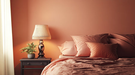 Bed with luxurious bedding and a bedside lamp, with blank space for text on the wall.の素材