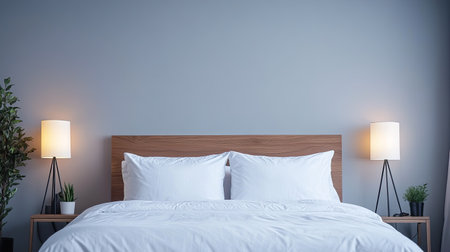 Bed with crisp white linens and bedside lamps, blank space for copy on the wall.の素材