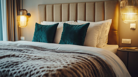 Bed with luxurious bedding and bedside lamps, with ample room for copy on the wall.の素材