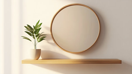 Classic round mirror hanging above a wooden shelf, with ample room for text.の素材