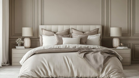Bed with luxurious bedding and bedside lamps, with space for text on a neutral wall.の素材