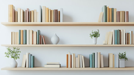Bookshelf with neatly arranged items, copy space on a plain white wall background.の素材