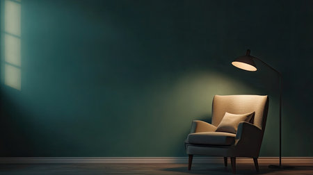 Cozy corner with an armchair and reading lamp, blank space for copy.の素材