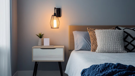 Bed with neatly arranged pillows and a bedside lamp, with plenty of space for copy on the wall.の素材