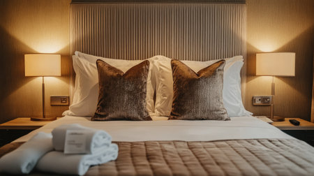 Bed with luxurious bedding and bedside lamps, with ample room for copy on the wall.の素材