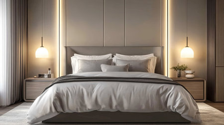 Bed with luxurious bedding and bedside lamps, with ample room for copy on the wall.の素材