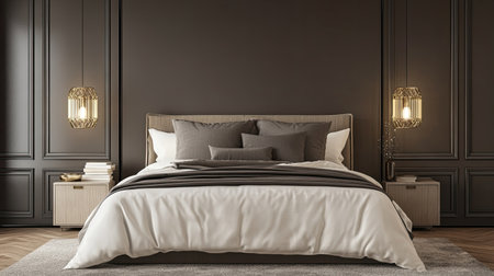 Bed with luxurious bedding and bedside lamps, with ample room for copy on the wall.の素材