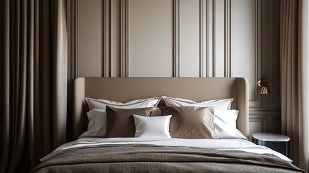 Bed with luxurious bedding and pillows, blank space for text on the wall.の素材