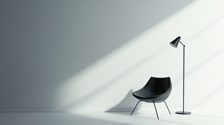 Chair and floor lamp in a minimalist setting, empty space for copy on a plain background.の素材
