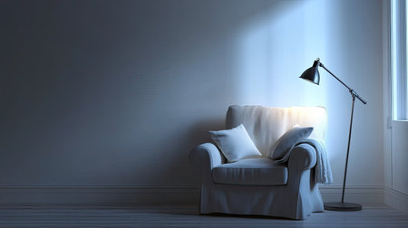 Cozy corner with an armchair and reading lamp, blank space for copy.の素材