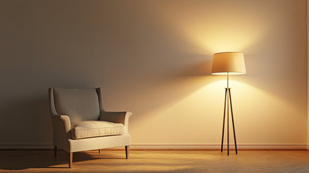 Cozy corner with an armchair and reading lamp, blank space for copy.の素材