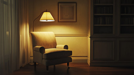 Comfortable chair and a reading lamp in a quiet corner, with ample space for text.の素材