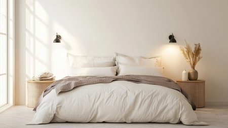 Bed with neatly arranged bedding and bedside lamps, with ample space for copy on the wall.の素材