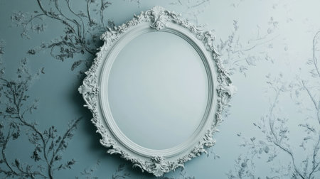 Decorative mirror with an ornate frame, blank space for copy on the surrounding wall.の素材