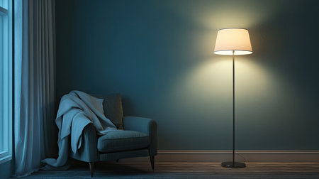 Cozy reading nook with a comfortable chair and floor lamp, empty space for text on the side.の素材