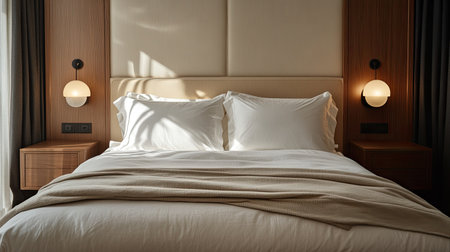 Bed with soft linens and bedside lamps, with plenty of space for text on the wall.の素材