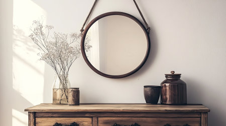 Decorative wall mirror above a wooden dresser, with plenty of room for text.の素材