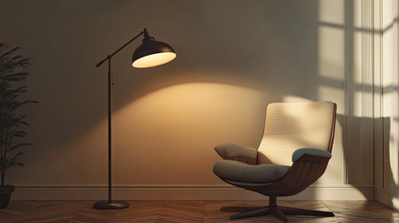 Cozy chair and a floor lamp in a quiet corner, with plenty of space for text.の素材
