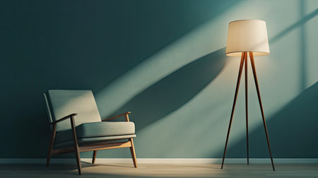 Cozy reading nook with a comfortable chair and floor lamp, empty space for text on the side.の素材