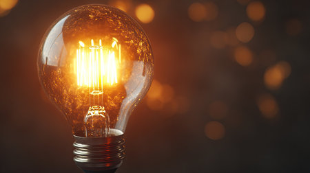 Close-up of an Edison light bulb with a glowing filament, with plenty of room for copy.の素材